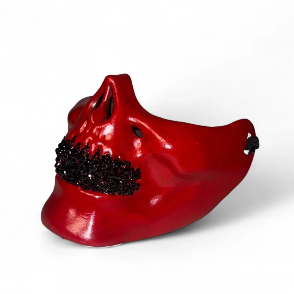 Red Half Skull Mask With Blinged Out Jet Black Luxe Crystal Grillz New